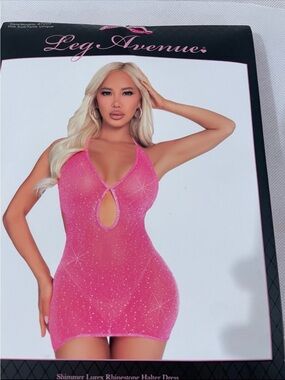 Leg Avenue Shimmer Pink Rhinestone Halter Mini Dress